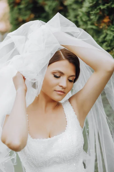 Невеста Выглядит Красивой Элегантной Вуалью Открытое Фото Парке Стильная Невеста — стоковое фото