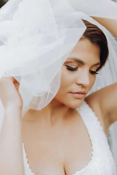 Bride Looks Beautiful Elegant Veil Outdoor Photo Park Stylish Bride — Stock Photo, Image