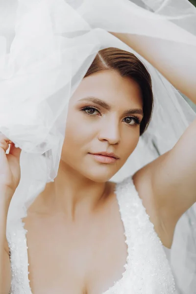 Die Braut Sieht Unter Dem Schleier Schön Und Elegant Aus — Stockfoto