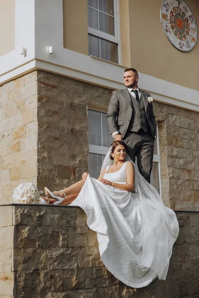 Eleganti Giovani Spose Felici Nel Loro Giorno Divertono Vicenda Nreschena — Foto Stock