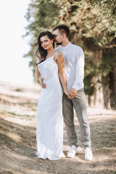 若い幸せなカップルの愛の笑みを浮かべて抱擁し 山の中で楽しんでいる 高品質の写真 美しい白いドレスを着た女の子 肖像写真 — ストック写真