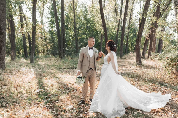 結婚式の写真 花嫁と新郎が手を取り合いながら森の中に立っている ウェディングドレスの長い列車 恋のカップル 夏の光 — ストック写真