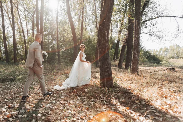 婚纱照在自然界 新娘走在森林里 新娘站在新郎面前 回头望着新郎 微笑着 照片上的太阳光恋爱中的夫妻 — 图库照片