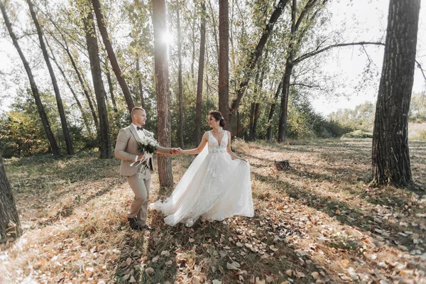 Esküvői Fotó Természetben Menyasszony Vőlegény Erdőben Sétálnak Fogják Egymás Kezét — Stock Fotó