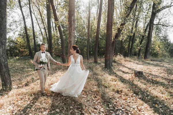 婚纱照在自然界 新娘和新郎在森林里走来走去 手牵着手 互相望着对方 新娘正在漂亮地穿着婚纱 恋爱中的情侣夏光 — 图库照片