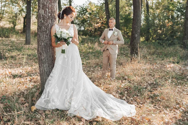 自然の中で結婚式の写真 花嫁は美しいドレスの木の近くに立っており 彼女の手に花束を持っており 新郎は花嫁の後ろを歩いている 森での会合 — ストック写真