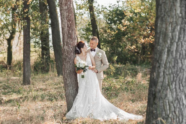 婚纱照在自然界 新娘和新郎笑着站在一棵树旁 互相望着 新郎从后面拥抱着他心爱的人 新娘捧着一束花 夏天的婚礼 — 图库照片