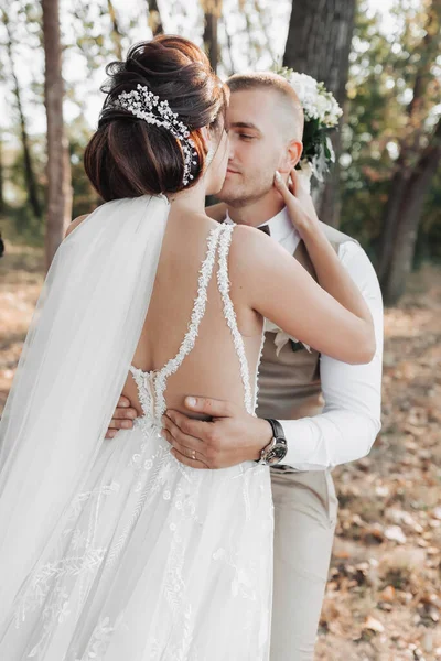 Esküvői Fotó Természetben Menyasszony Megöleli Megcsókolja Vőlegényt Menyasszony Elfordította Vállát — Stock Fotó