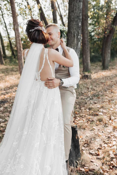 Esküvői Fotó Természetben Menyasszony Megöleli Megcsókolja Vőlegényt Menyasszony Elfordította Vállát — Stock Fotó