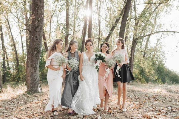 Wedding Photo Nature Bride Bridesmaids Walking Forest Smiling Holding Bouquet — Stock Photo, Image