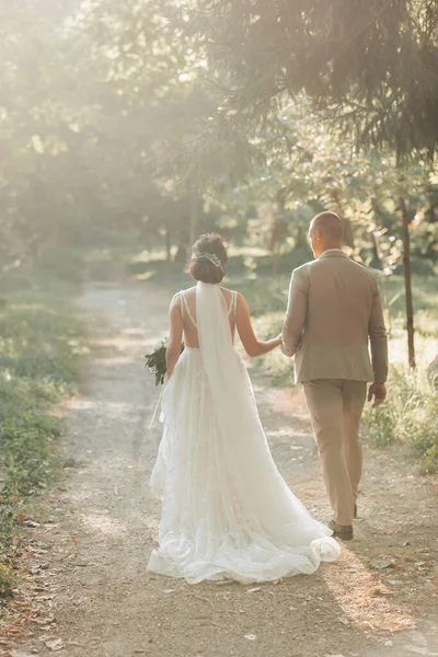 Ślubne Zdjęcie Naturze Nowożeńcy Chodzą Lesie Trzymając Się Ręce Zdjęcie — Zdjęcie stockowe