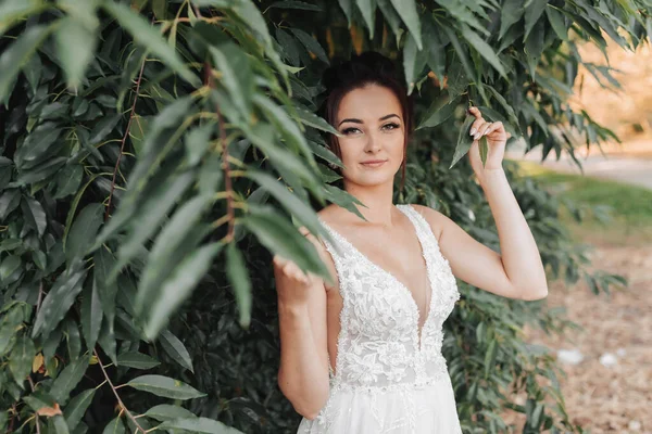 緑の背景に結婚式の写真 白いドレスの花嫁は緑の茂みの近くに立って 葉を保持し レンズを調べます 美しいメイク 花嫁の肖像画 — ストック写真