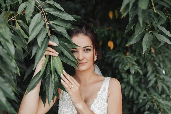 Foto Casamento Fundo Verde Noiva Vestido Branco Fica Perto Arbustos — Fotografia de Stock