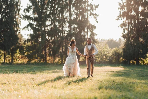 Recém Casados Felizes Estão Correndo Campo Mãos Dadas Olhando Para — Fotografia de Stock