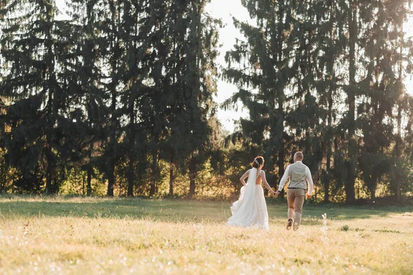 Šťastná Nevěsta Ženich Běží Poli Drží Ruce Rameny Obrácenýma Kameře — Stock fotografie
