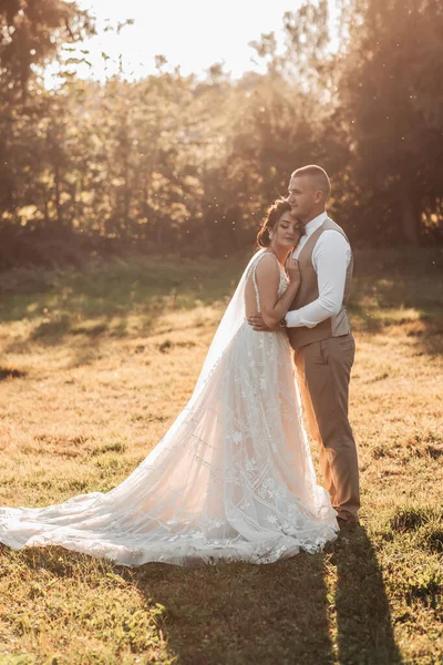 Huwelijksfoto Bruid Bruidegom Staan Een Prachtig Bos Prachtig Licht Knuffelend — Stockfoto