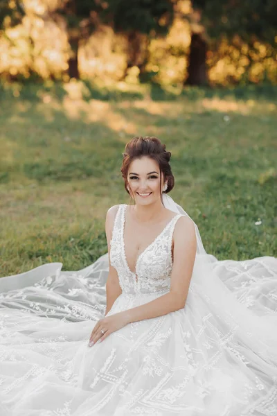 Retrato Casamento Noiva Uma Noiva Bonita Está Sentada Vestido Branco — Fotografia de Stock