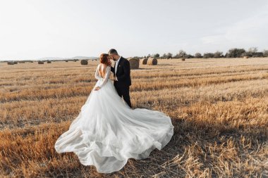 Gelin ve damat tarlada duruyorlar ve arkalarında büyük saman demetleri var. Gelin omuzları kameraya dönük duruyor. Uzun ve zarif bir elbise. Şık damat. Yaz