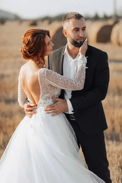 Retrato Casamento Noivas Noivos Abraçando Olhar Noiva Toque Suave Seu — Fotografia de Stock