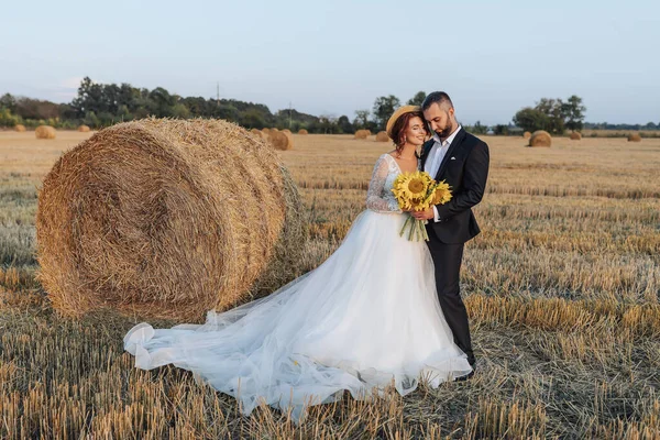 Wedding portrait of the bride and groom standing against the background of a dry field, hugging and looking into the camera lens. Red-haired bride with open shoulders. Stylish groom. Summer
