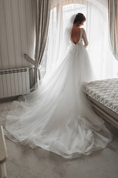 Die Braut Einem Wunderschönen Kleid Steht Mit Einer Langen Schleppe — Stockfoto
