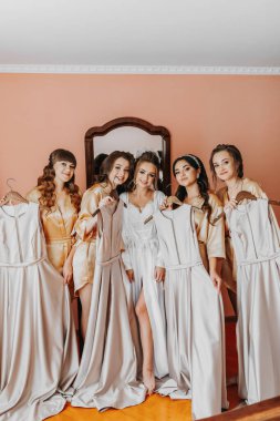 İpek cüppeli genç nedimeler bir otel odasında elbiselerini sergiliyorlar. Güzel kadınlar bekarlığa veda partisini temalı pijamalarıyla gelinin yanında kutluyor..