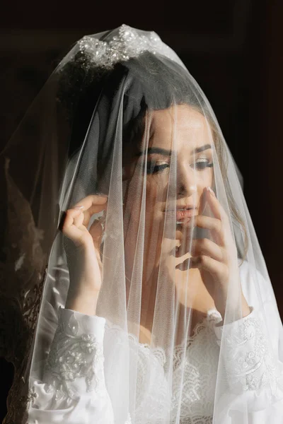 Happy Beautiful Bride Veil Closeup Pengantin Cantik Menunjukkan Makeup Dan — Stok Foto