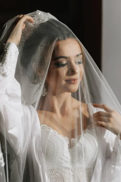 Glücklich Schöne Braut Unter Schleier Nahaufnahme Schöne Braut Zeigt Make — Stockfoto