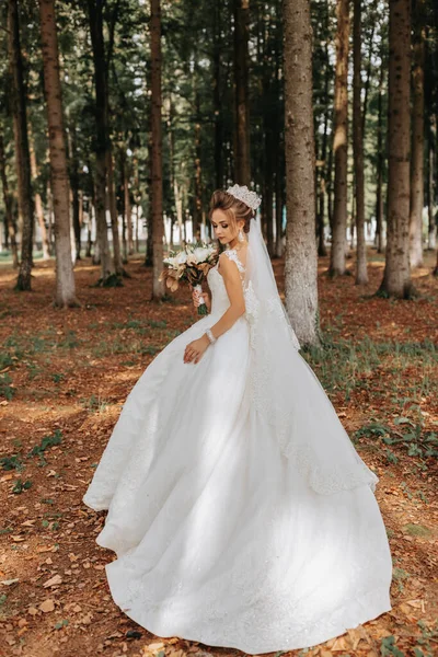 Vacker Ung Kvinna Bröllopsklänning Mellan Höga Träd Skogen Med Kunglig — Stockfoto