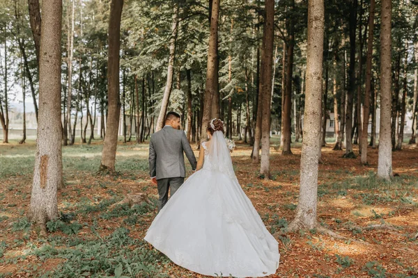 Жених Невеста Идут Рука Руку Через Лес Счастливая Пара Свадебное — стоковое фото