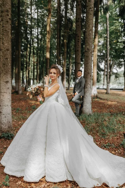 Красива Молода Жінка Весільній Сукні Між Високими Деревами Лісі Королівською — стокове фото