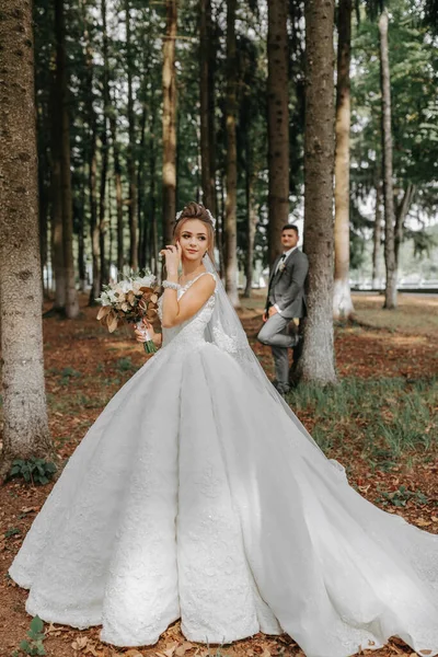 Красива Молода Жінка Весільній Сукні Між Високими Деревами Лісі Королівською — стокове фото