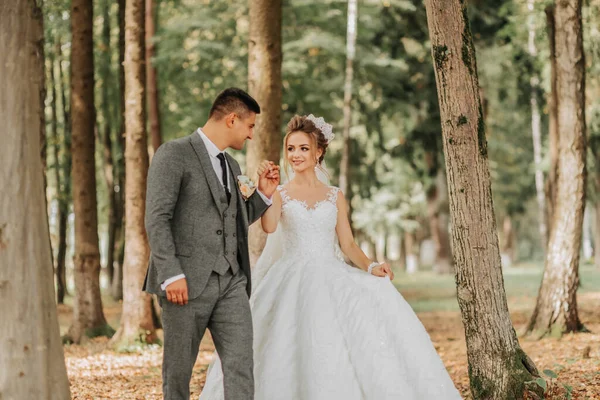 Bruden Och Brudgummen Går Hand Hand Genom Skogen Ett Lyckligt — Stockfoto