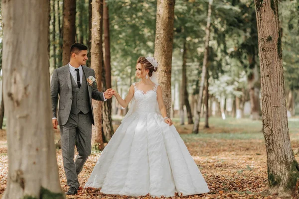 Νύφη Και Γαμπρός Περπατούν Χέρι Χέρι Μέσα Στο Δάσος Ευτυχισμένο — Φωτογραφία Αρχείου