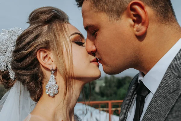 Menyasszony Vőlegény Hátterében Királyi Esküvő Vőlegény Megcsókolja Menyasszony Kezét Gyengédség — Stock Fotó