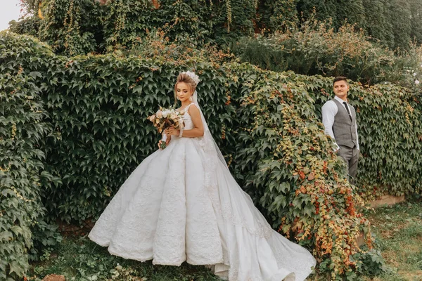 Sposa Sposo Nel Giardino Tra Verde Concetto Matrimonio Reale Vestito — Foto Stock