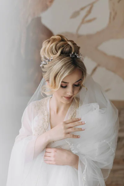 エレガントな髪型の花嫁は ローブの中で 下を見下ろし 描かれた壁の背景に彼女の雪の白いベールを保持立っている — ストック写真