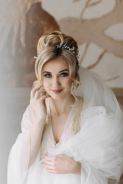 Nevěsta Elegantním Účesem Županu Pózuje Dívá Kamery Drží Svůj Sněhobílý — Stock fotografie