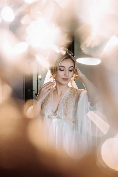 Blonde Bride Poses Robe Tiara Wedding Portrait Reflections Reflections Glass — Stock Photo, Image
