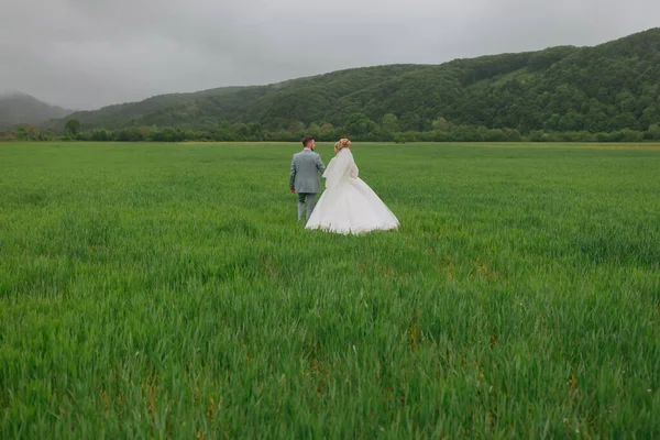 Ευρυγώνιο Πορτρέτο Της Νύφης Και Του Γαμπρού Που Περπατούν Ένα — Φωτογραφία Αρχείου