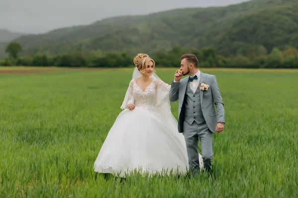 山の背景に緑の牧草地を歩いて花嫁と新郎の広角肖像画 正面図 素晴らしいドレスだ スタイリッシュな新郎 結婚式の写真 — ストック写真