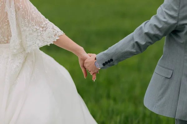 新娘和新郎的手的照片 背景是一片绿地和群山 一件漂亮的衣服时髦的新郎 婚纱照详情 — 图库照片