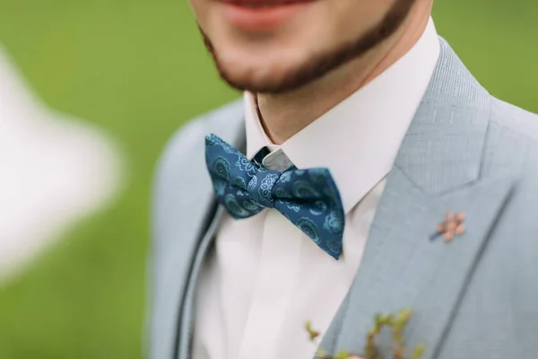 切り取られた写真 新郎の青い蝶ネクタイとひげ 緑のフィールドの背景にスタイリッシュな新郎 白いシャツ ファッション スタイル — ストック写真