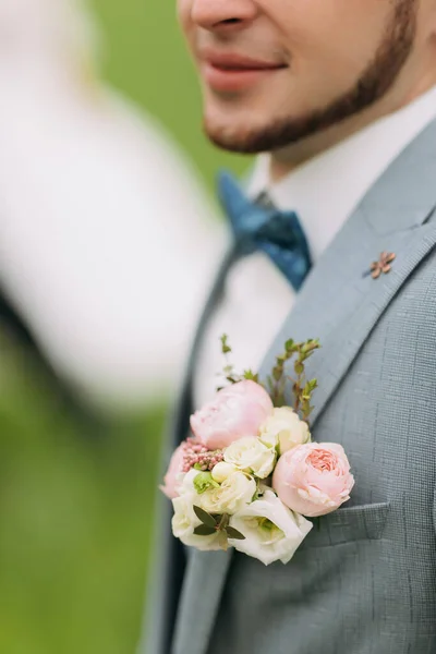 Cropped Photo Groom Blue Bow Tie Beard Boutonniere Stylish Groom — Stock Photo, Image