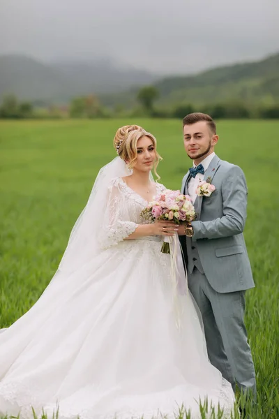 新婚夫婦は緑の畑に立ってポーズをとる 花嫁は花束を持っている 自然の中で結婚式 花嫁と新郎の肖像画 スタイリッシュな新郎 — ストック写真