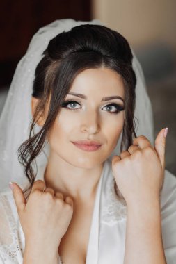 Yüzüne dokunan esmer bir gelin portresi. Harika bir makyaj ve saç. Gönüllü duvak. Düğün fotoğrafı. Güzel gelin.