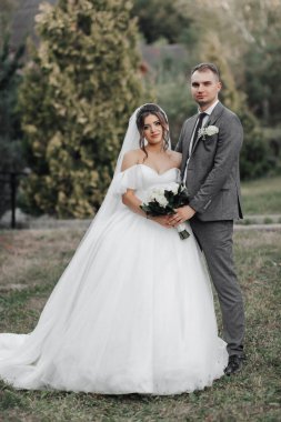 Gelin ve damadın doğadaki portresi. Kesilmiş fotoğraf. Gelin ve damat, kozalaklı ağaçların arkasına sarılıp gülümsüyor. Bir buket gül taşıyan uzun elbiseli gelin..