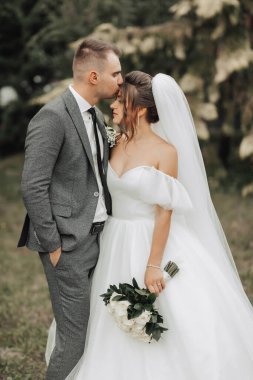 Gelin ve damadın doğadaki portresi. Damat ve beyaz uzun elbiseli esmer gelin kozalaklı ağaçların arkasında öpüşüyorlar. Şık damat. Güzel saç ve makyaj.
