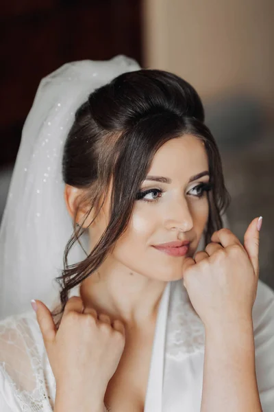 Retrato Uma Noiva Morena Tocando Seu Rosto Linda Maquiagem Cabelo — Fotografia de Stock