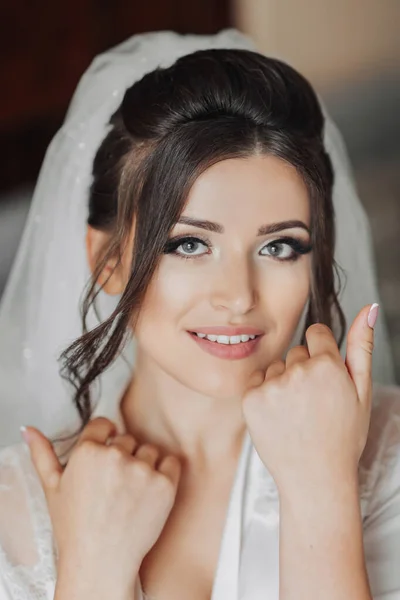 Porträt Einer Brünetten Braut Die Ihr Gesicht Berührt Wunderschönes Make — Stockfoto